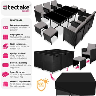 tectake Matgrupp Malaga i konstrotting inkl regnskydd - svart/grå