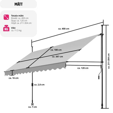 tectake Spännmarkis och soltak med handvev, höjdjusterbar - 400 x 180 cm, ljusgrå
