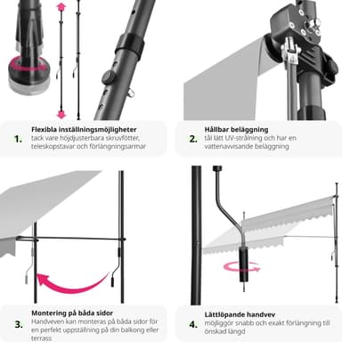 tectake Spännmarkis och soltak med handvev, höjdjusterbar - 400 x 180 cm, ljusgrå
