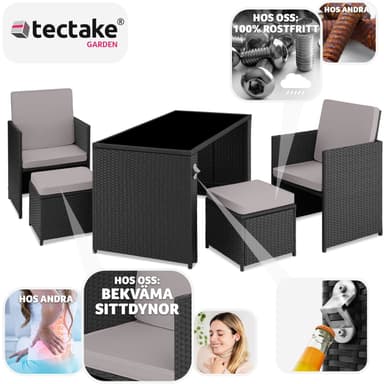 tectake Loungeset i rotting Palermo 2+2+1 - svart/grå