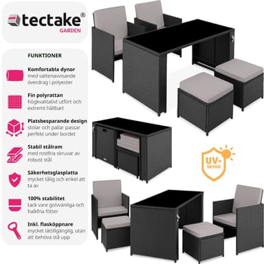 tectake Loungeset i rotting Palermo 2+2+1 - svart/grå