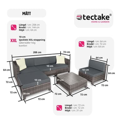 tectake Loungeset i konstrotting med aluminiumram, överdrag i 2 färger med 10 cm stoppning - grå