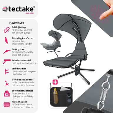 tectake Hängmatta Elaria med soltak och sidoficka - grå