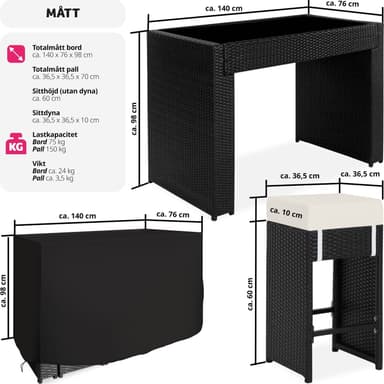 tectake Barset Ibiza i konstrotting inkl. överskyddsdrag - svart