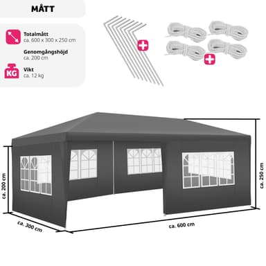 tectake Paviljong Vivara 6x3m med 5 sidopaneler - grå