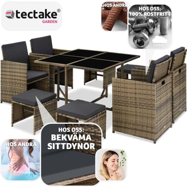 tectake Matgrupp Bilbao i konstrotting 4+4+1 med regnskydd - natur