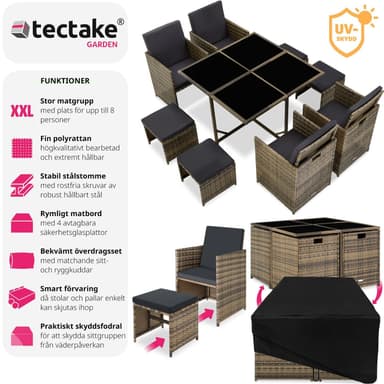 tectake Matgrupp Bilbao i konstrotting 4+4+1 med regnskydd - natur
