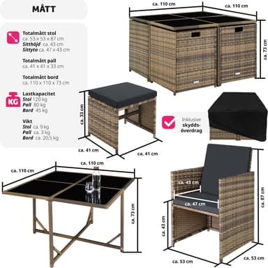 tectake Matgrupp Bilbao i konstrotting 4+4+1 med regnskydd - natur