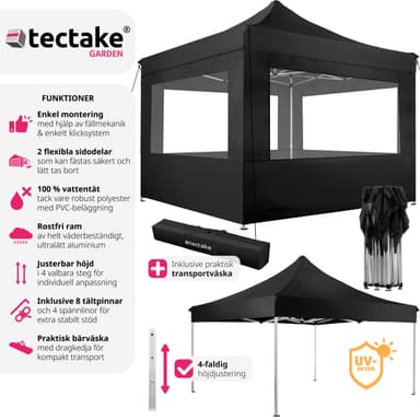 tectake Hopfällbar partytält Olivia 3x3 m med 4 sidodelar - svart