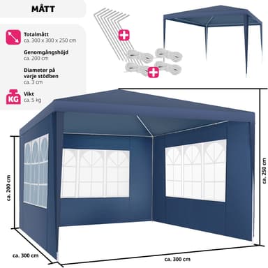 tectake Paviljong Baraban 3x3m med 3 sidopaneler - blå