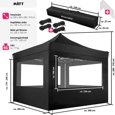 tectake Hopfällbar partytält Olivia 3x3 m med 4 sidodelar - svart