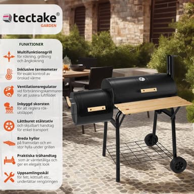 tectake Kolgrill med lock och värmeställ, inklusive temperaturvisning - svart