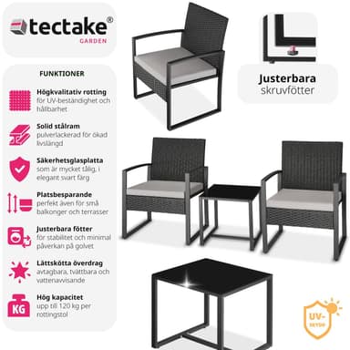tectake Loungeset i konstrotting Granada med bord för 2 personer, svart - ljusgrå/svart