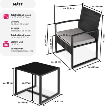 tectake Loungeset i konstrotting Granada med bord för 2 personer, svart - ljusgrå/svart