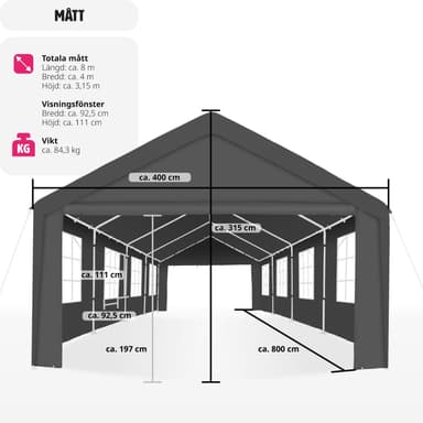 tectake Partytält, Paviljong Mammut 8x4m, stabil och vattentät - grå