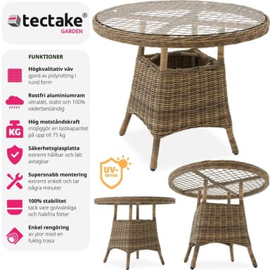 tectake Trädgårdsbord i aluminium med avtagbar glasskiva 91x73,5 cm - natur