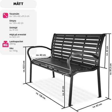 tectake Trädgårdsbänk Pino 3-sits 126x62x81,5cm - svart