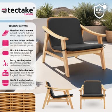 tectake Rottingstol Treviso, träram och stoppad dyna - natur