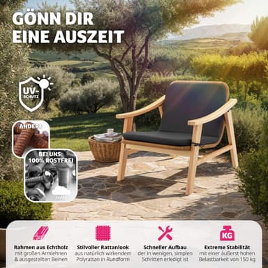 tectake Rottingstol Treviso, träram och stoppad dyna - natur