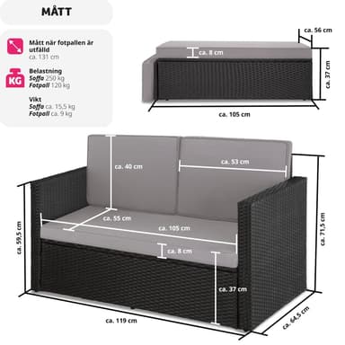 tectake Loungesoffa Korfu - svart/grå