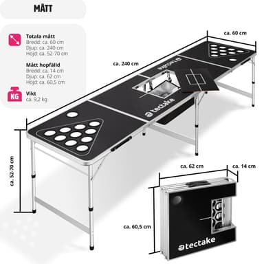 tectake Beerpong bord Beer Ball Blitz - hopfällbar och höjdjusterbar - svart