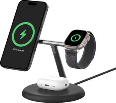Belkin BoostCharge Pro 3-i-1 Qi2 trådlöst laddningsställ (svart)