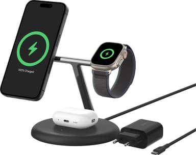 Belkin BoostCharge Pro 3-i-1 Qi2 trådlöst laddningsställ (svart)