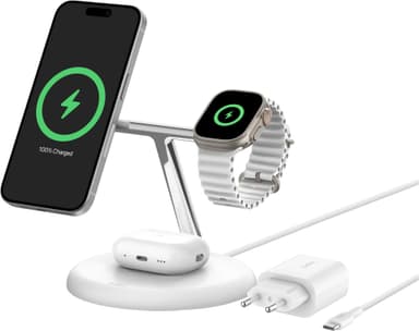 Belkin BoostCharge Pro 3-i-1 Qi2 trådlöst laddningsställ (vitt)