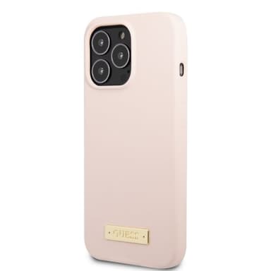Guess iPhone 13 Pro Skal Silicone Metal Plate MagSafe Rosa
