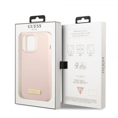 Guess iPhone 13 Pro Max Skal Silicone Metal Plate MagSafe Rosa