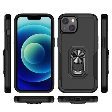 iPhone 14 Plus Hybrid skal med Finger Ring & Metall Plåt - Svart