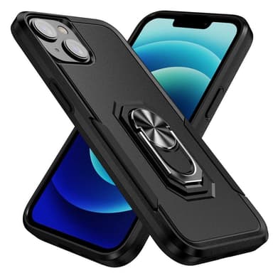iPhone 14 Plus Hybrid skal med Finger Ring & Metall Plåt - Svart