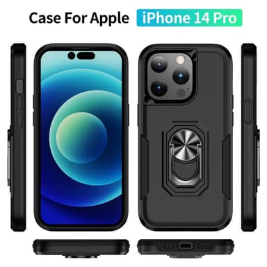 iPhone 14 Pro Hybrid skal med Finger Ring & Metall Plåt - Svart