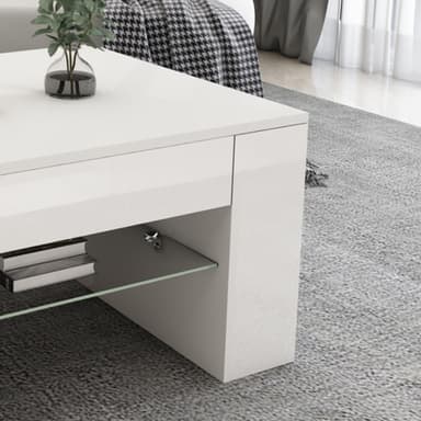 ML-Design soffbord i högglans vit, rymligt vardagsrum med glasbricka och 4 fack