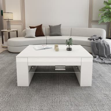ML-Design soffbord i högglans vit, rymligt vardagsrum med glasbricka och 4 fack