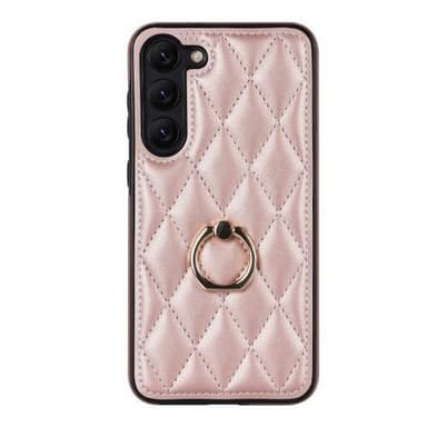 För Samsung Galaxy S23 Rhombus Grid Mönster Skal FingerRing - Rose Gold