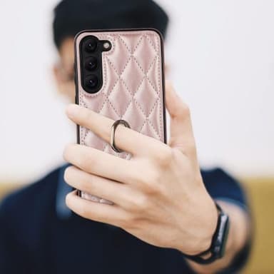 För Samsung Galaxy S23 Rhombus Grid Mönster Skal FingerRing - Rose Gold