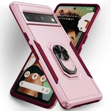Google Pixel 7 Pro Hybrid skal med Finger Ring & Metall Plåt - Rosa