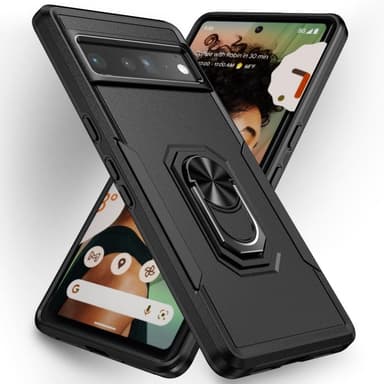 Google Pixel 7 Pro Hybrid skal med Finger Ring & Metall Plåt - Svart