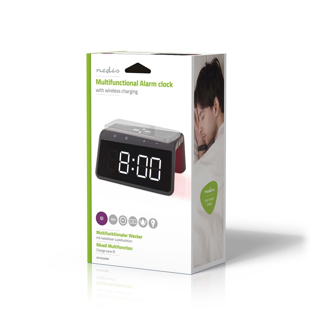 Nedis Trådlös laddare för Väckarklocka | Qi certifierad | 5 / 7.5 / 10 / 15 W | USB A-Hane | Nattlampa | 2 Larmtider | Snooze-funktion