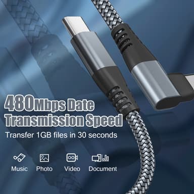 USB-C kabel med vinklad kontakt 60 W snabbladdare Grå 3 m