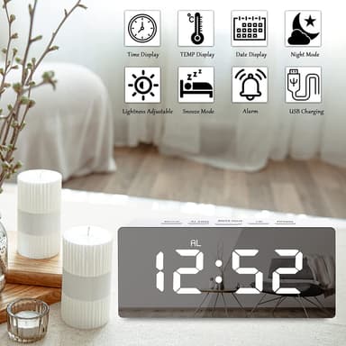 Digital LED väckarklocka med spegelyta Vit