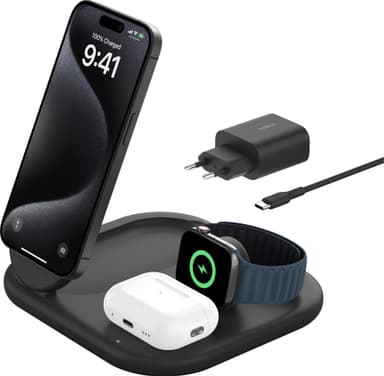 Belkin 3-i-1 Qi2 hopfällbar laddare med MagSafe (svart)