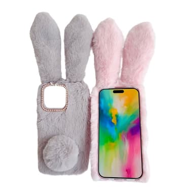 SKALO iPhone 16 Pro 3D Soft Furry Bunny Ears Skal - Grå