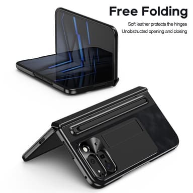 För Google Pixel 9 Pro Fold 5G Fodral Kickstand Läder+PC Skal med Härdat Glas och Styluspenna - Svart