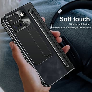 För Google Pixel 9 Pro Fold 5G Fodral Kickstand Läder+PC Skal med Härdat Glas och Styluspenna - Svart