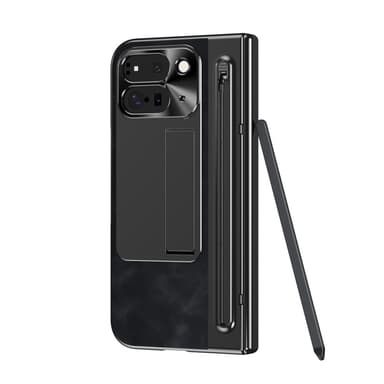 För Google Pixel 9 Pro Fold 5G Fodral Kickstand Läder+PC Skal med Härdat Glas och Styluspenna - Svart