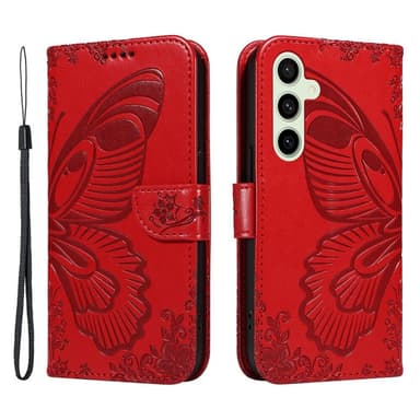 För Samsung Galaxy S24 FE Fodral Ställ Plånboksfodral Fjärilsmönster - Röd