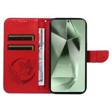För Samsung Galaxy S24 FE Fodral Ställ Plånboksfodral Fjärilsmönster - Röd