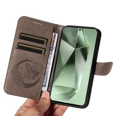 För Samsung Galaxy S24 FE Fodral Ställ Plånboksfodral Fjärilsmönster - Grå